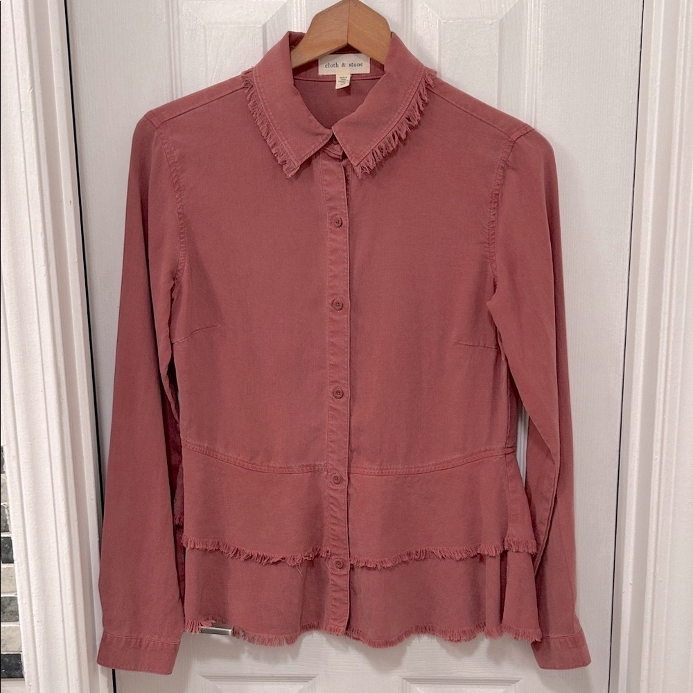 Cloth & Stone Women’s Fringed Ruffle Hem Terracotta Button-Down Shirt Size XS - Picture 1 of 6